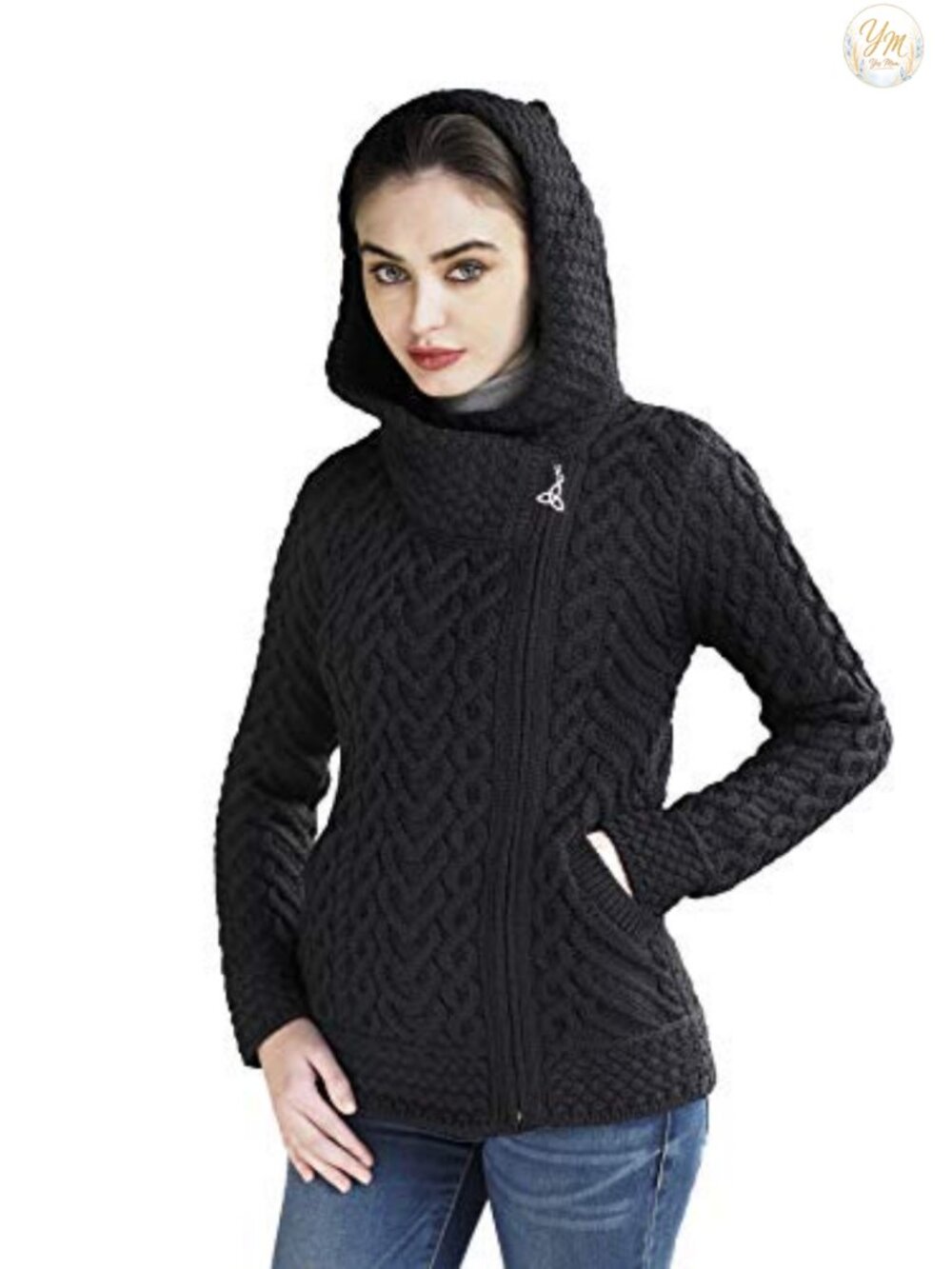Women's Wool Hooded Cardigan Side Zip Irish Aran Sweater